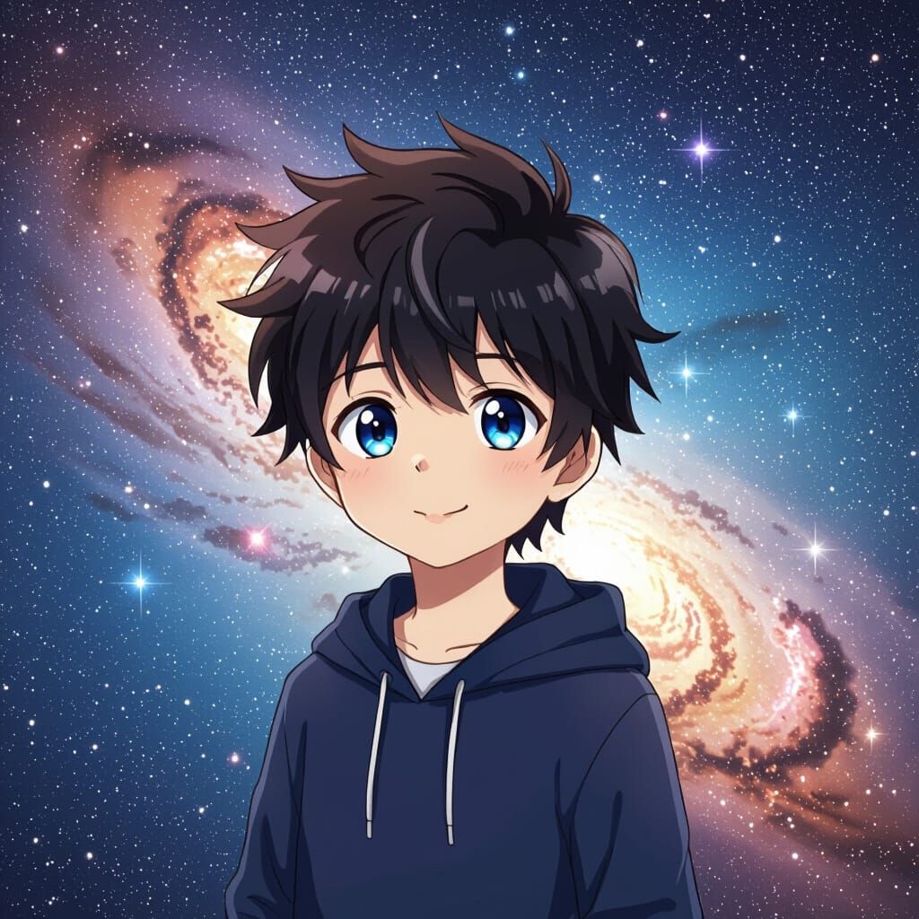 Cute Anime Boy Against Vibrant Galaxy Background