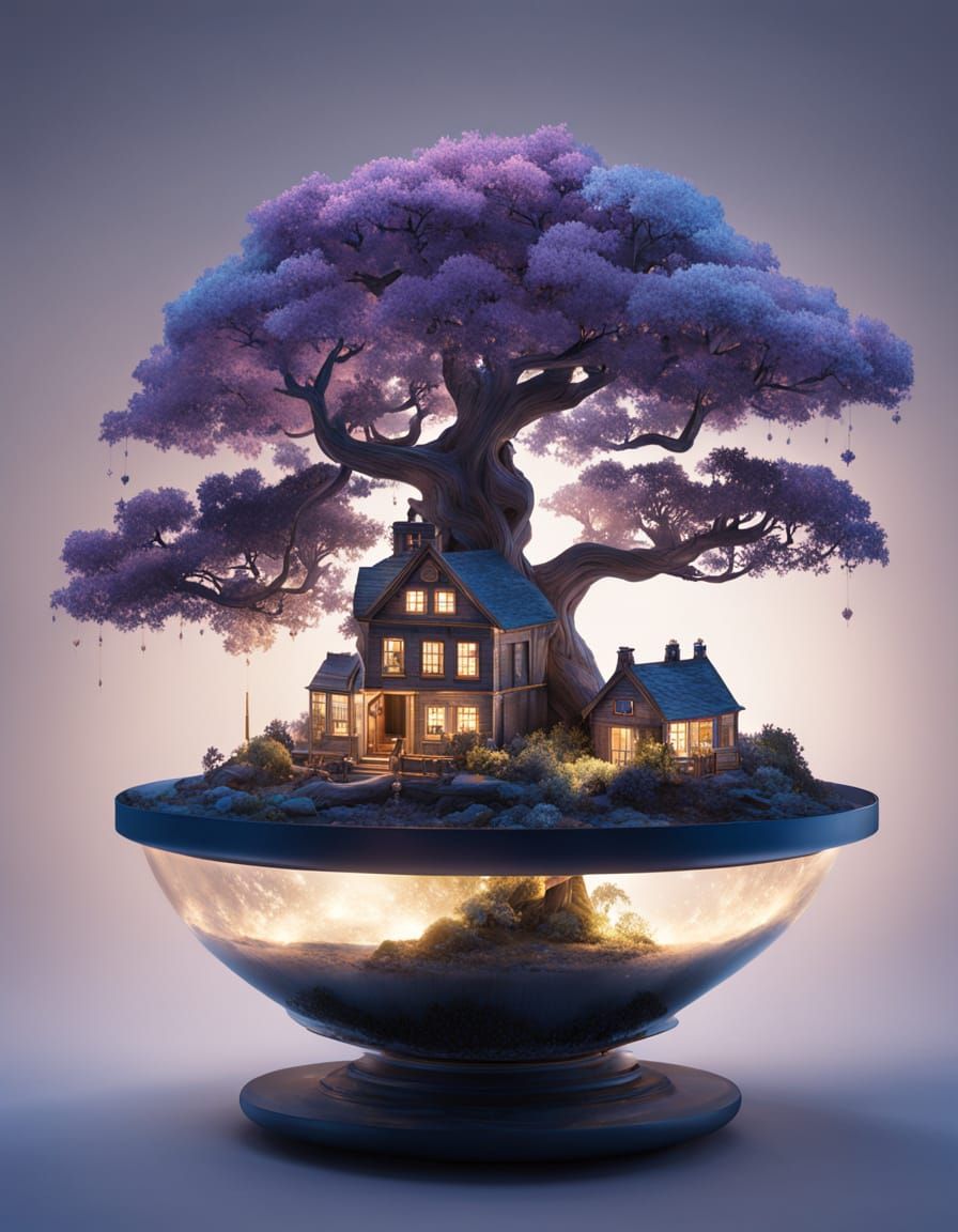 Cosmic Bonsai Tree with Victorian Cottages