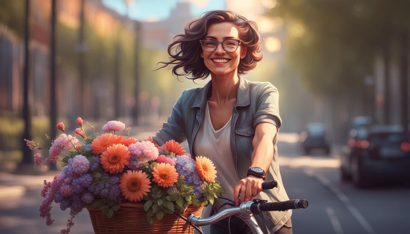 Woman with Bike and Flowers, Hyperdetailed Portrait