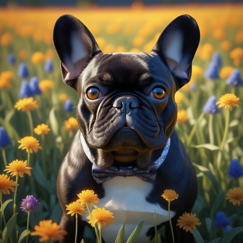 Hyperrealistic French Bulldog Portrait in Summer Bloom