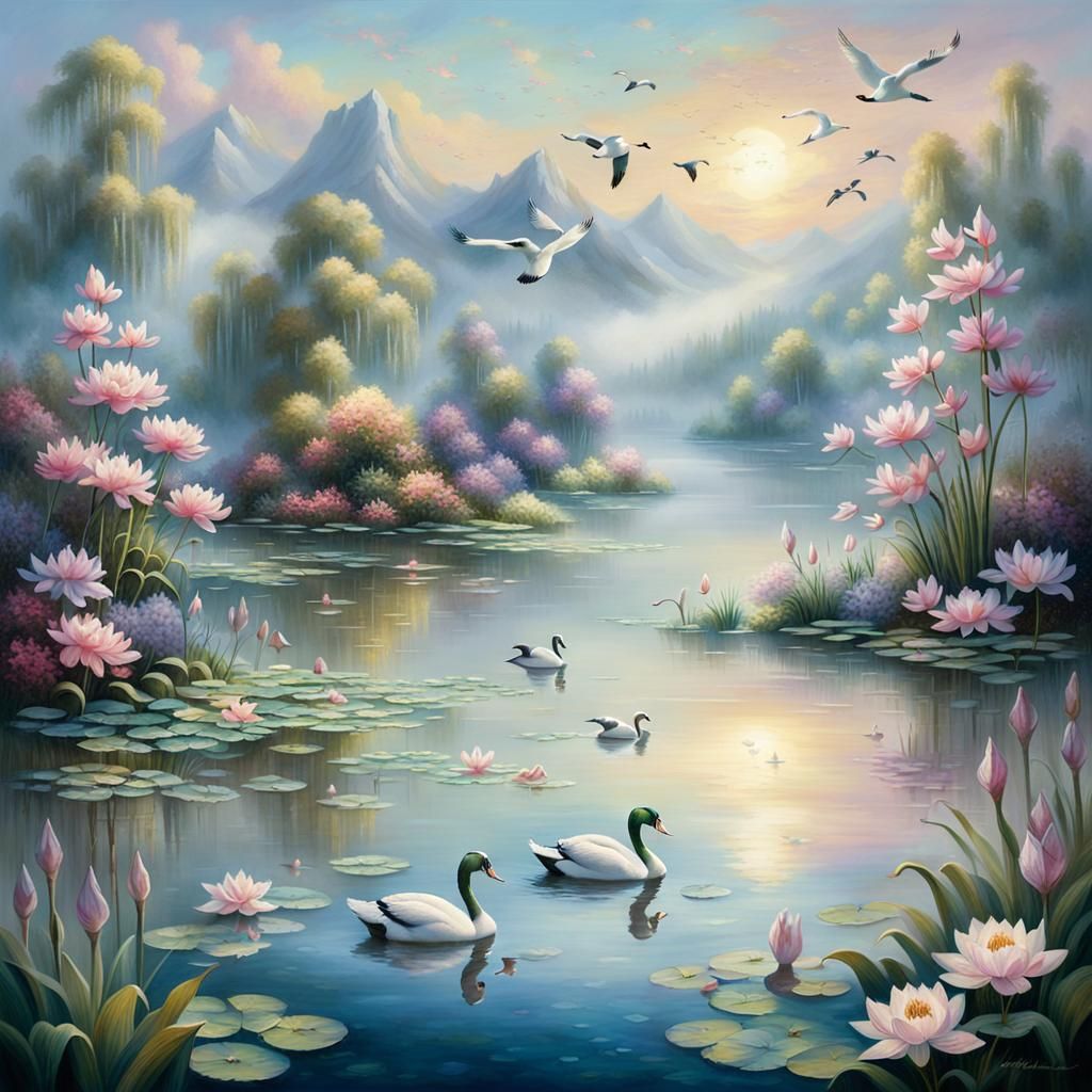 Swan Lake Scene in Kinkade Style