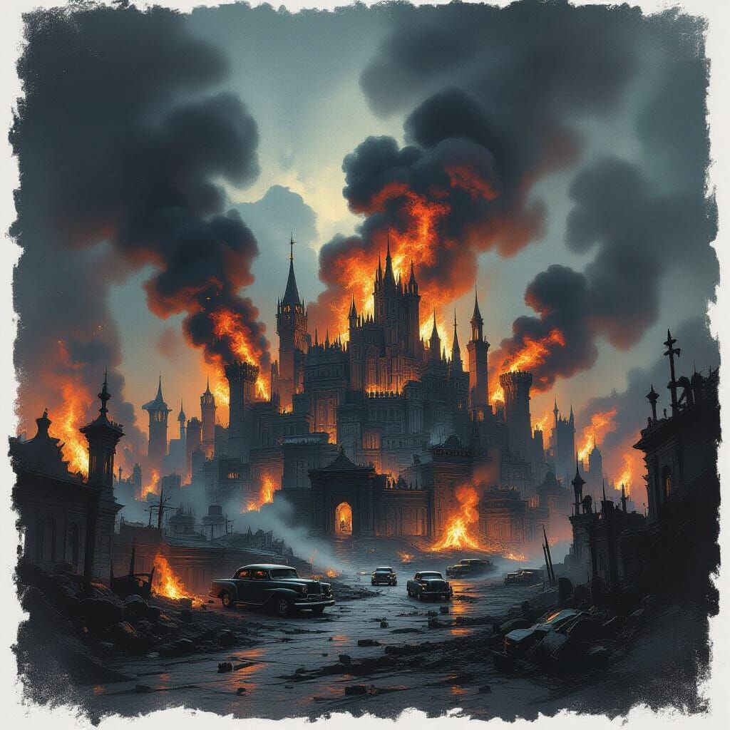 Fantasy City Engulfed in Flames and Smoke