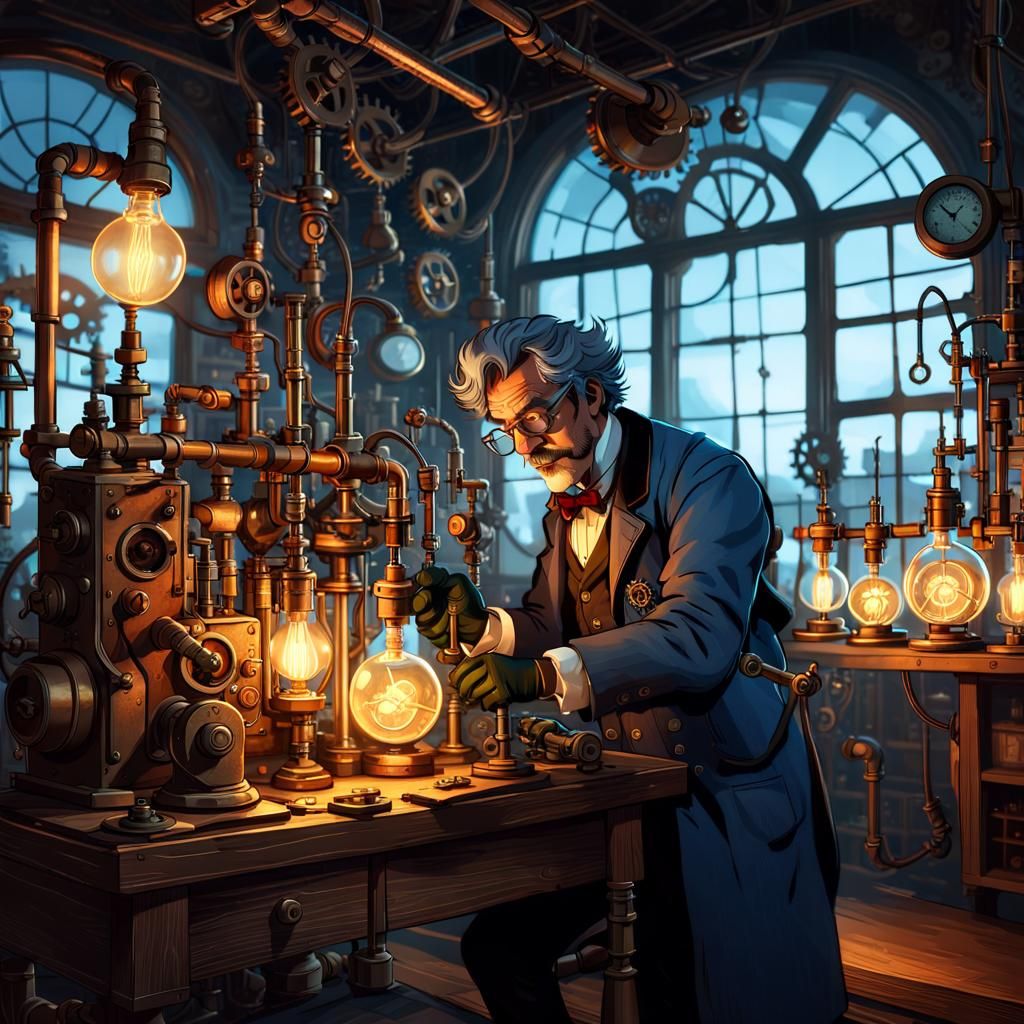 Steampunk Mad Scientist in Ornate Laboratory