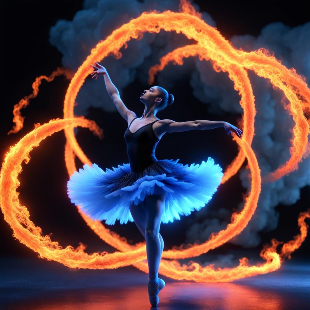 Ballet Dancer Amid Spiraling Flames in Black Light