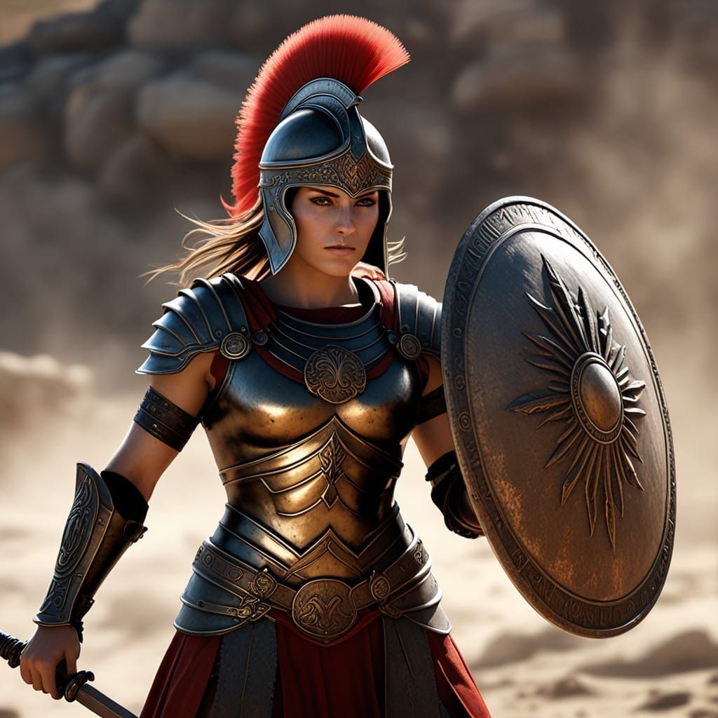 Ancient Greek Warrior Woman on Battlefield: Digital Art