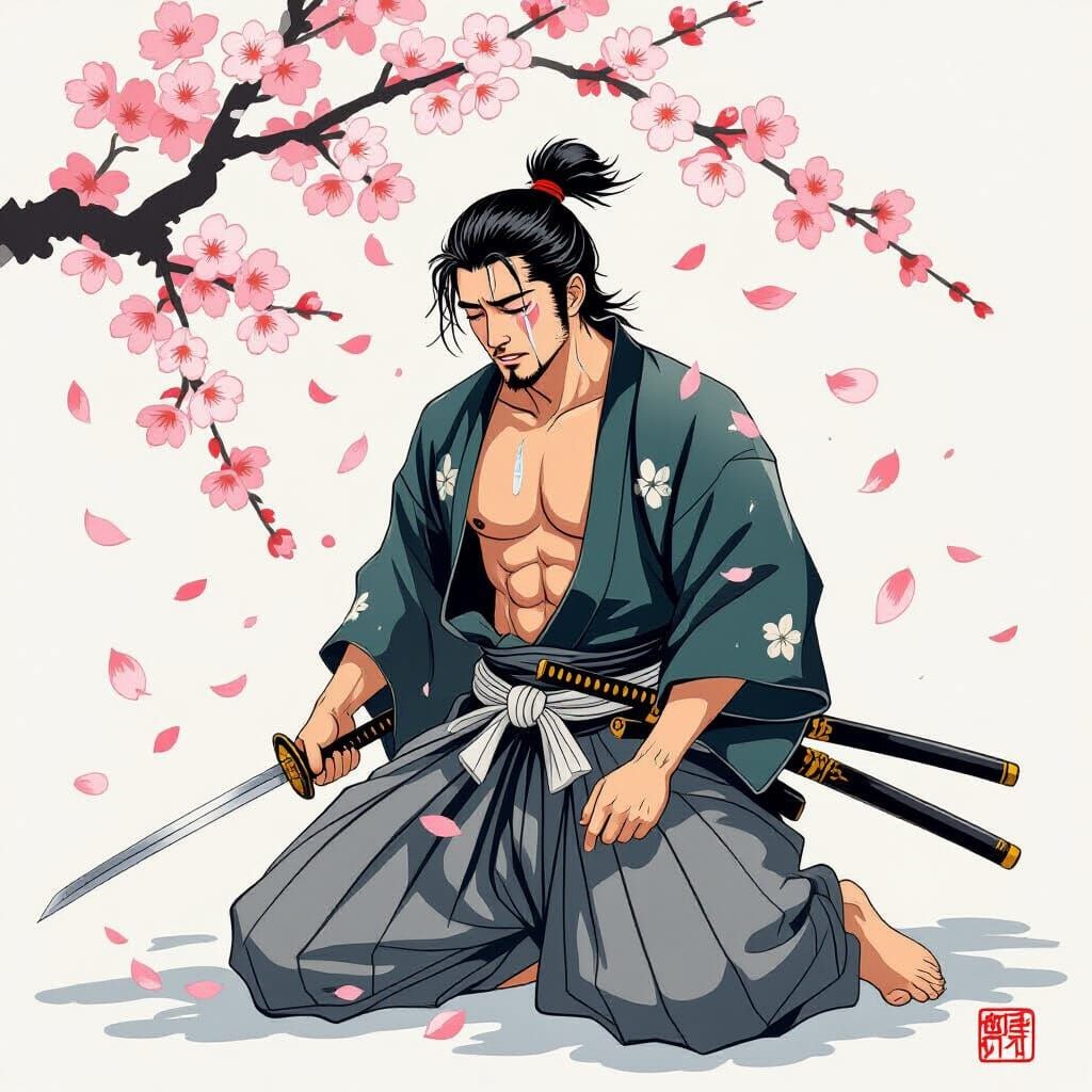 Emotional Samurai in Spring Breeze, Yamato-e Style