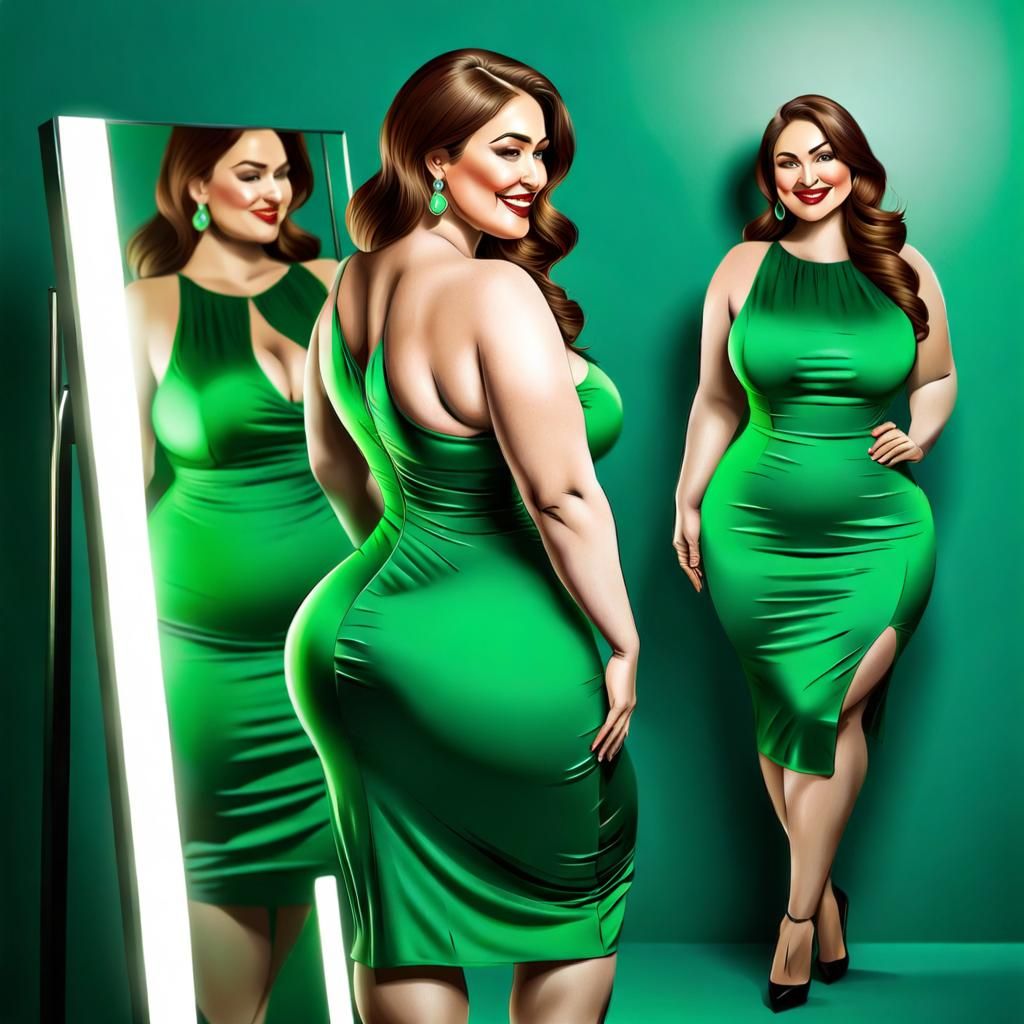 Realistic Image of Curvy Woman Looking in Mirror