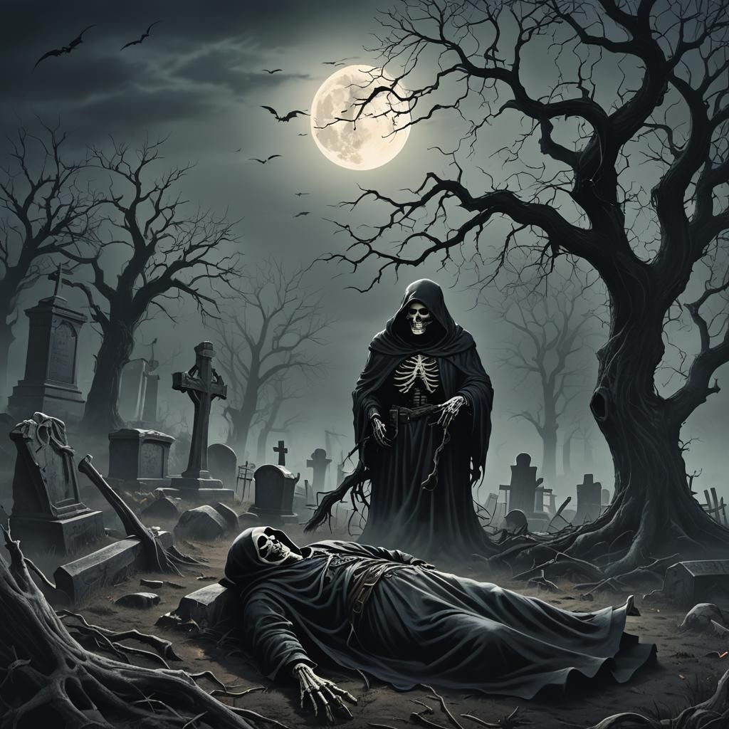 Chubby Reaper in Eerie Graveyard: Dark Fantasy Art