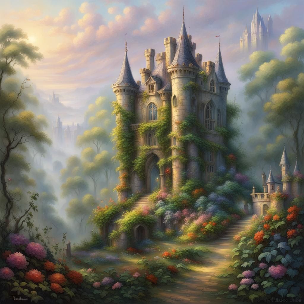 Ethereal Abandoned Castle Overgrown in Fantasy Forest
