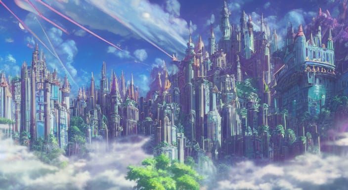 Magical Floating City Above Clouds in Ghibli Anime Style