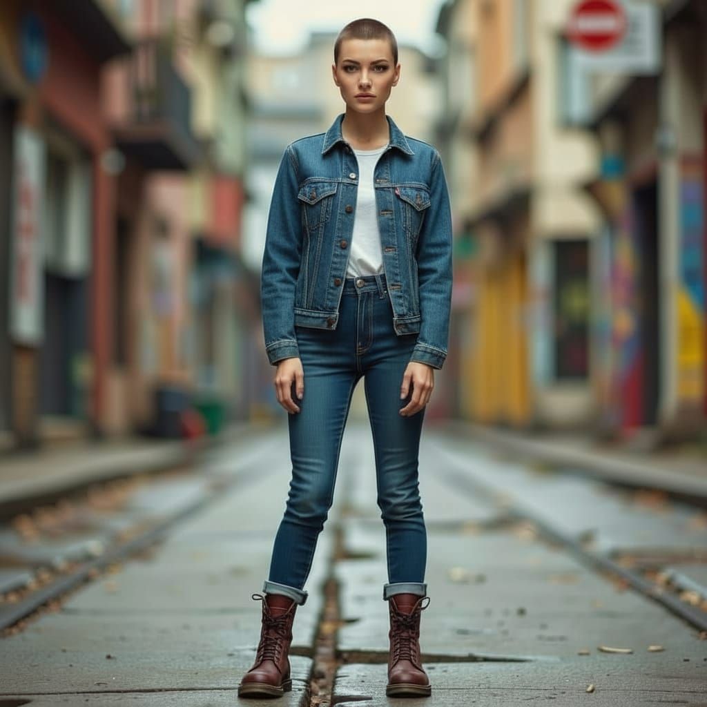 Curvy Skinhead Girl in Tight Jeans and Boots