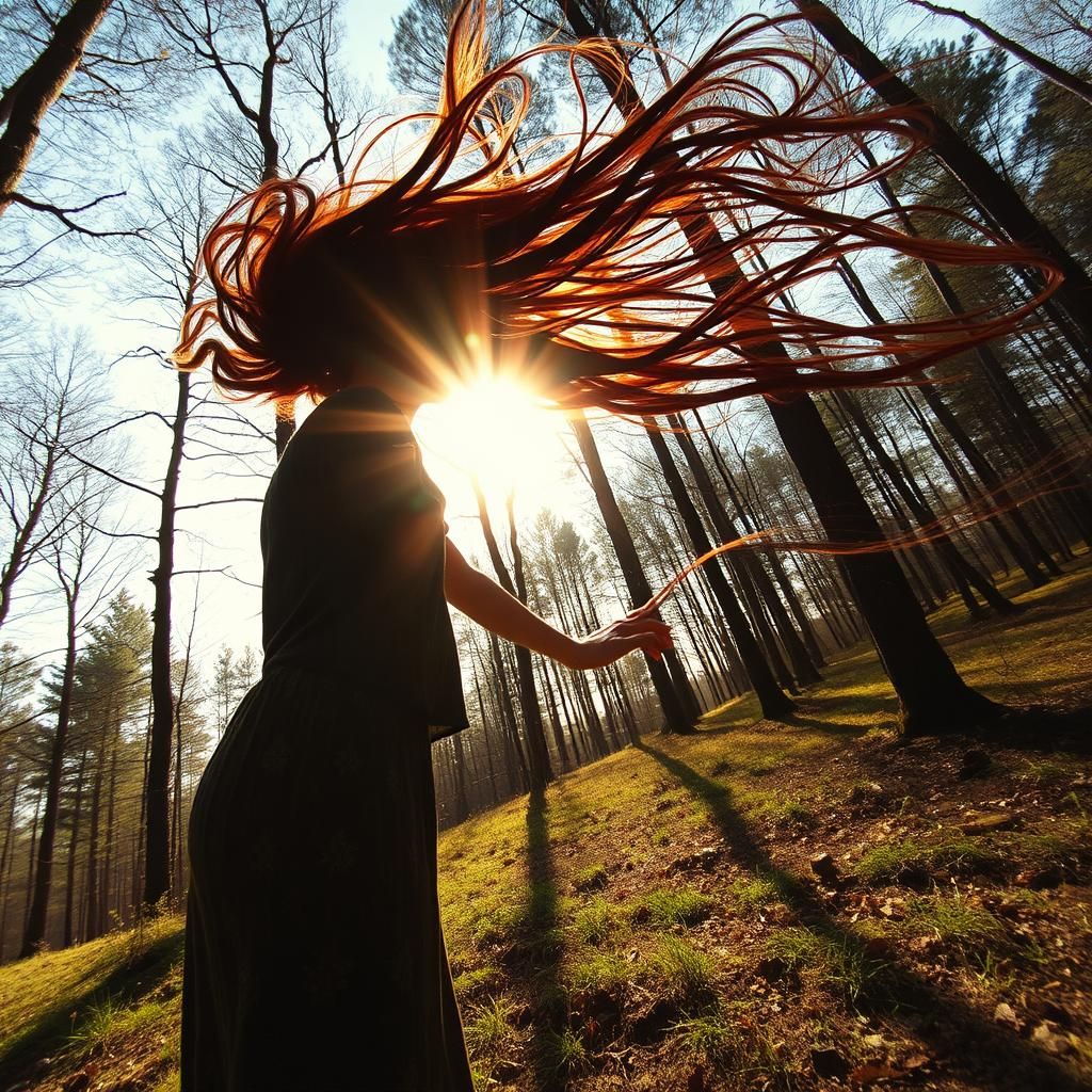 Woman Plants Sun in Warped Forest Perspective