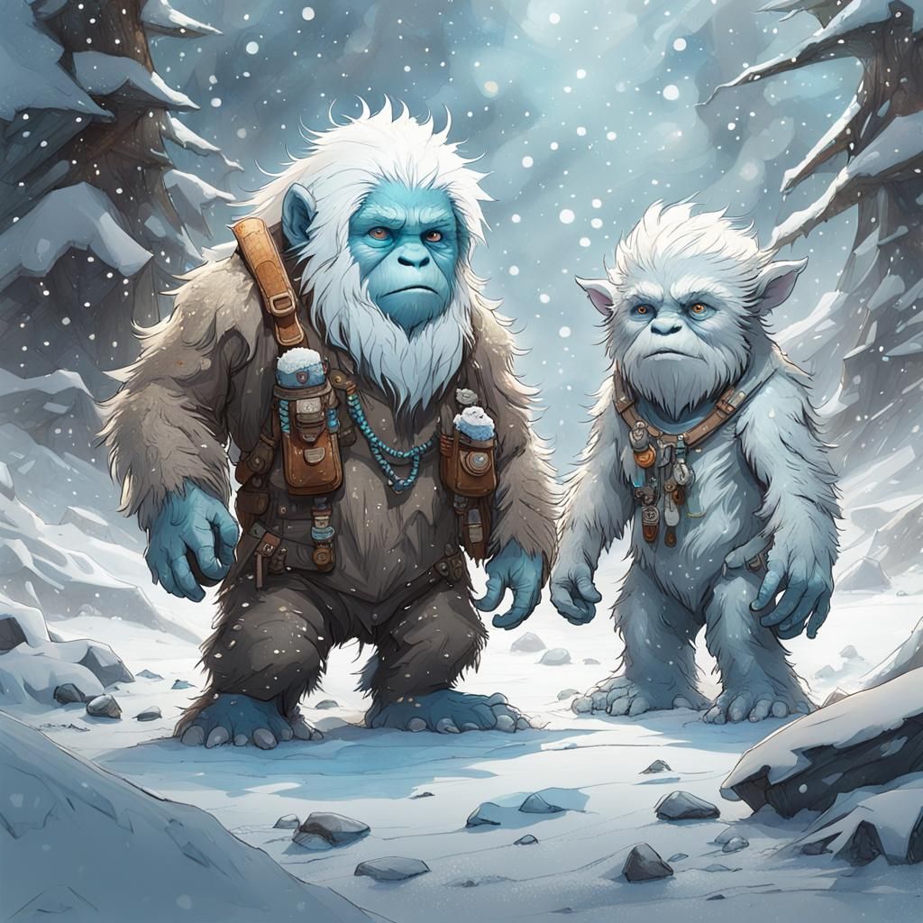 Cute Yeti and Bigfoot Chibi in Snow Blizzard
