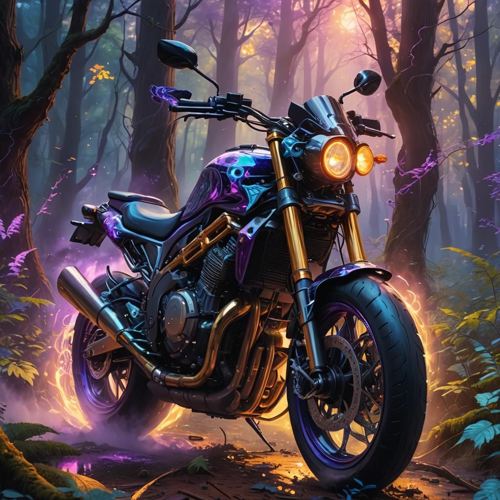 Motorcycle in Mystical Forest: Surreal Concept Art
