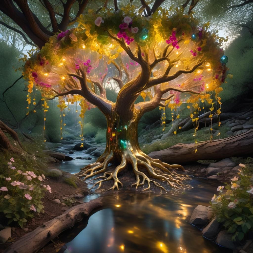 large translucent trunk and branches of tree made of glass, glowing from within, flowers growing from within tree. vibra...
