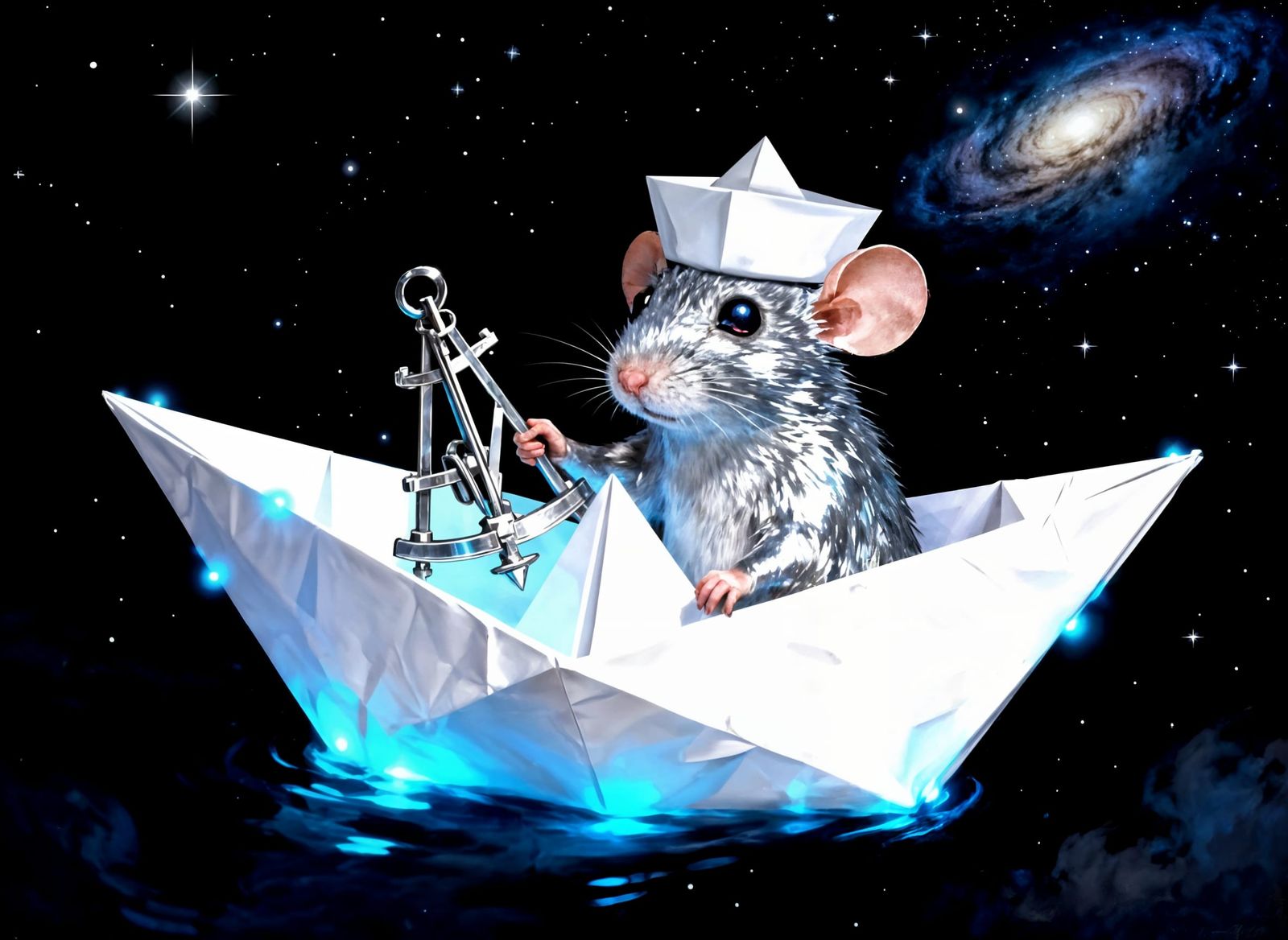 Paper Boat Mouse Navigates Starry Night Sky