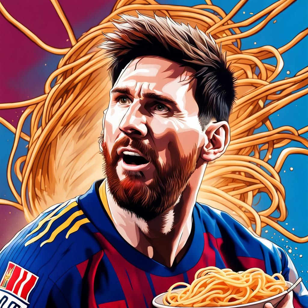 Hyperrealistic Lionel Messi Eating Spaghetti Splash Art