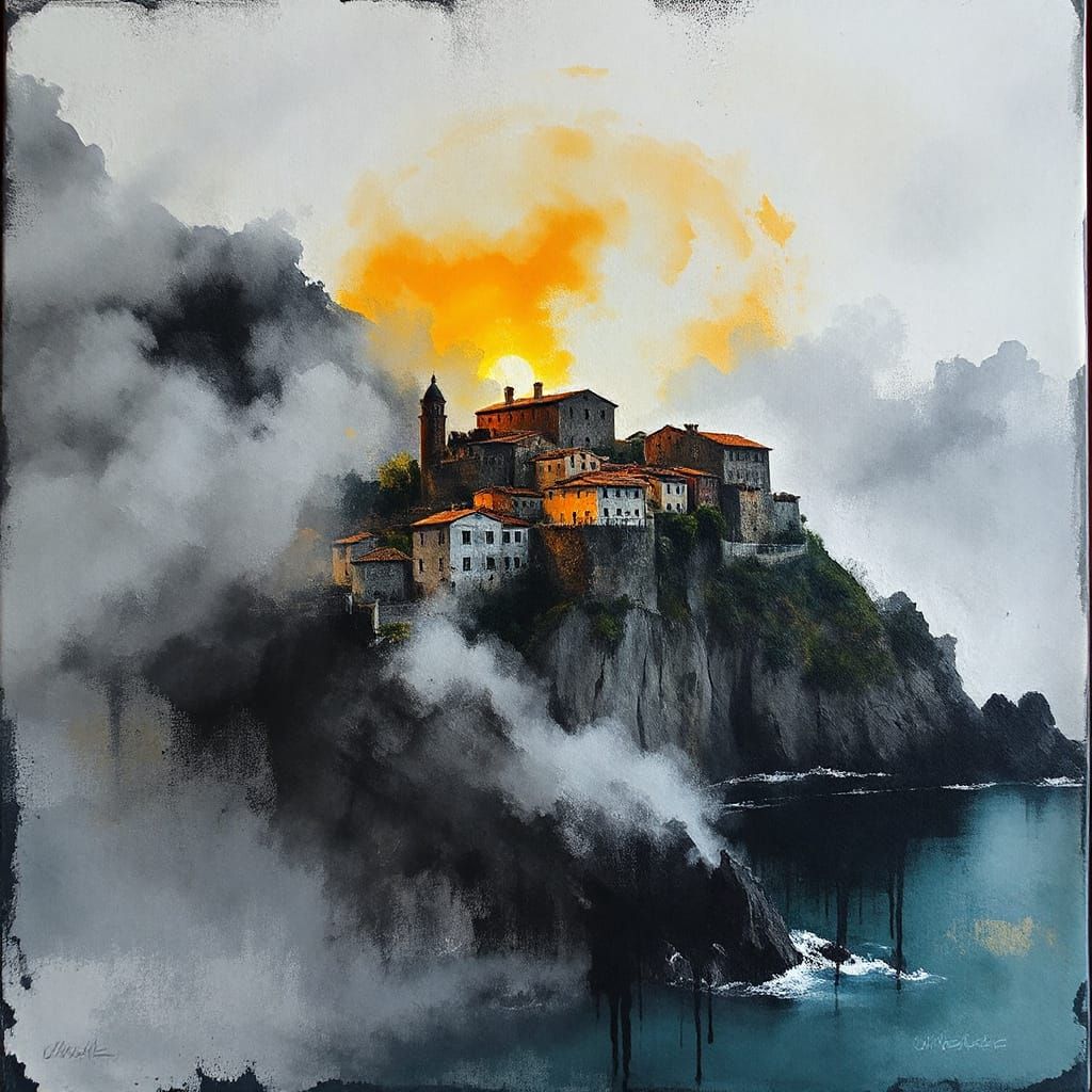 Misty cliff side Mediterranean village shrouded in mist, wit...