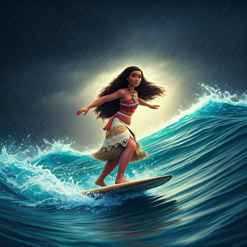 Moana Surfing on Stormy Seas: 3D Digital Art