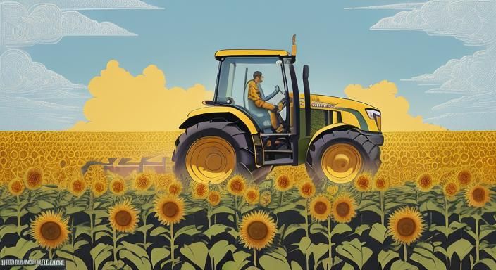 Tractor Pulls Tank Through Sunflowers: Linocut Style