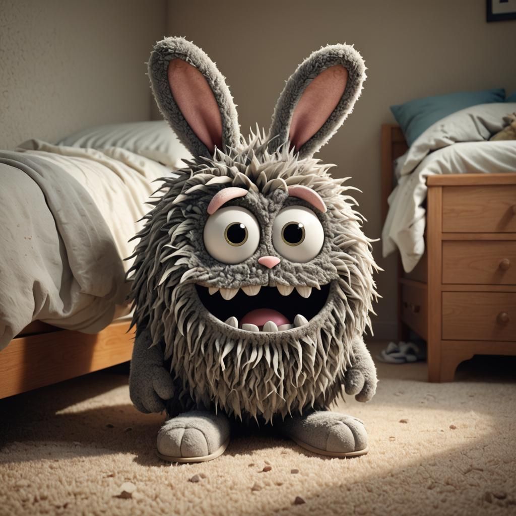Evil Cartoon Dust Bunny Monster in Volumetric Light