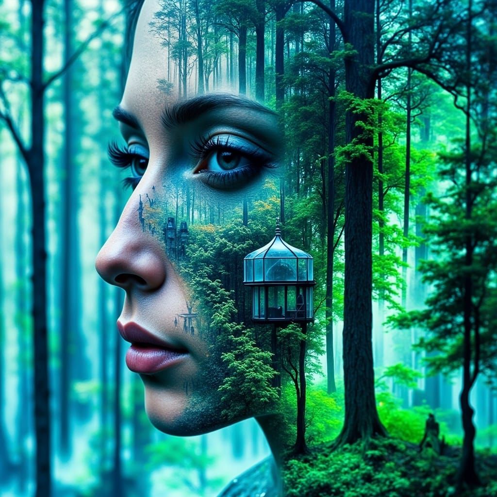 Captivating Double Exposure Art with Digitized Tech and Gree...