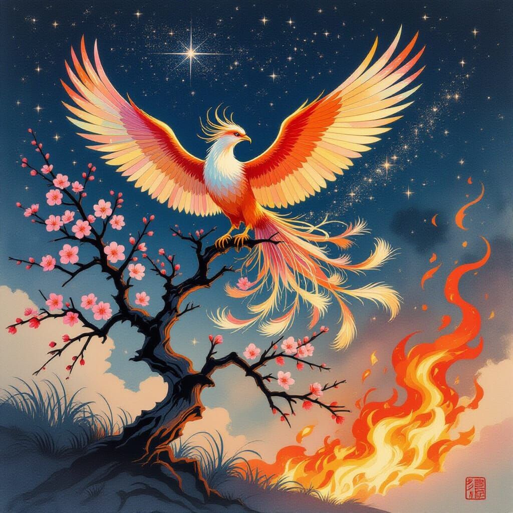 Iridescent Phoenix Rises from Sakura Tree, Dreamlike Illustr...