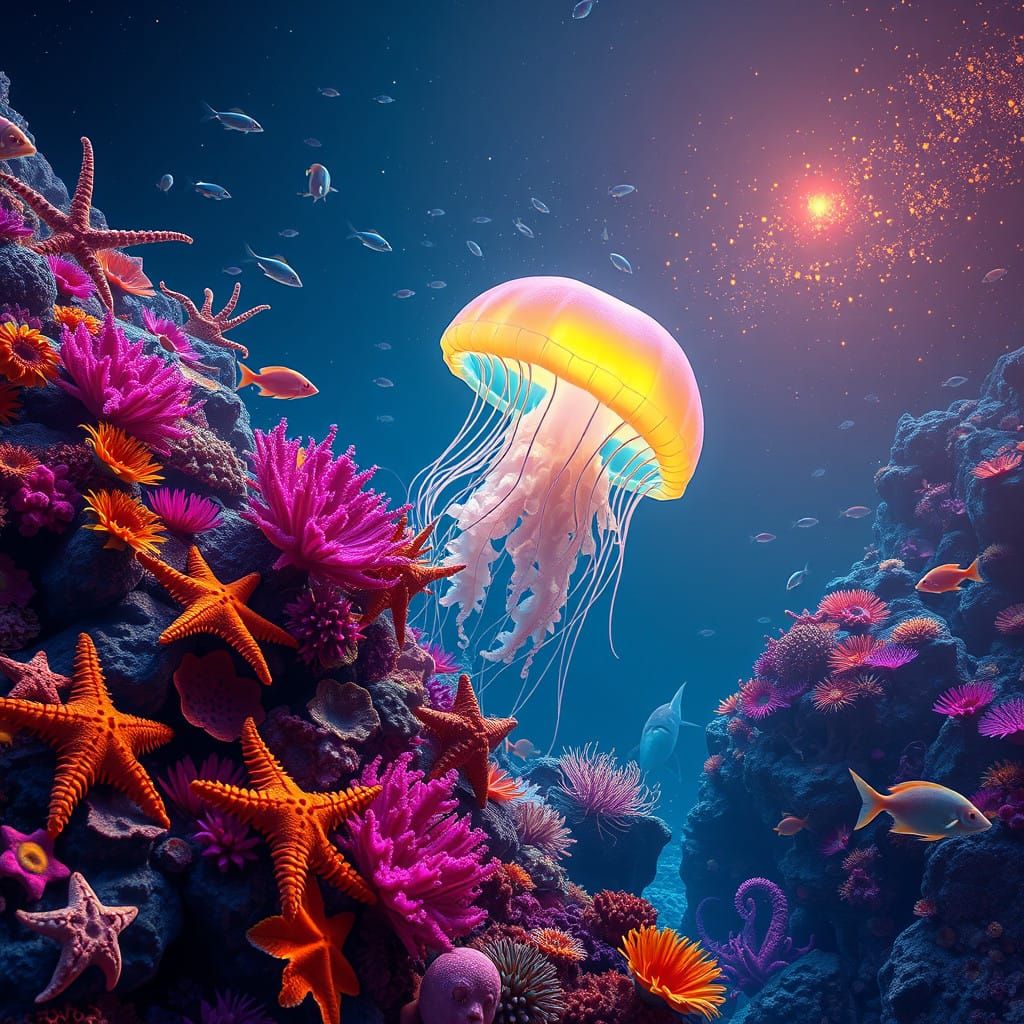 Vibrant Lion's Mane Jellyfish in a Colorful Coral Reef Scene