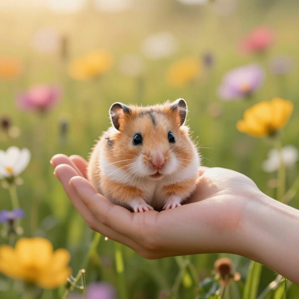 Adorable Hamster in Hand Amidst Wildflowers