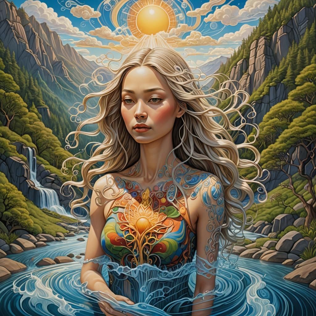 Anthropomorphic Woman Floating in Spring Water, Surreal Art
