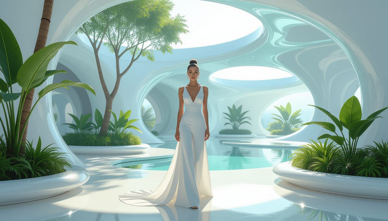 Futuristic Woman in Frutiger Aero Environment