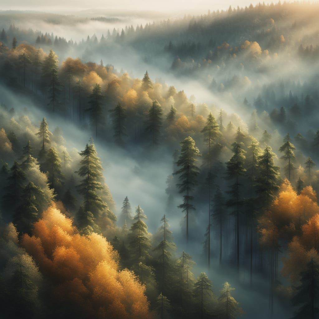 Dreamy Misty Forest Landscape in Oil Painting Style
