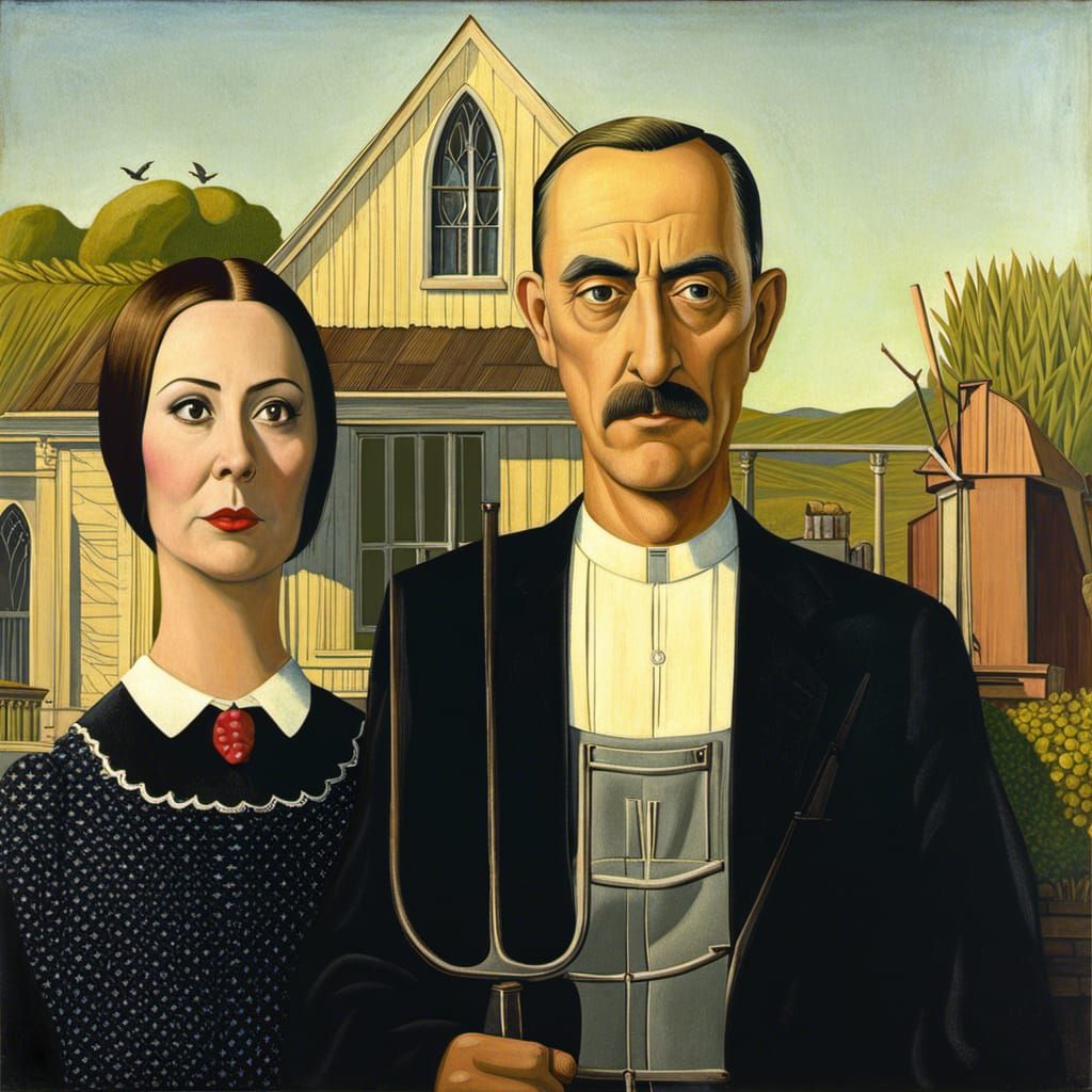 Gomez and Morticia Addams in American Gothic Style