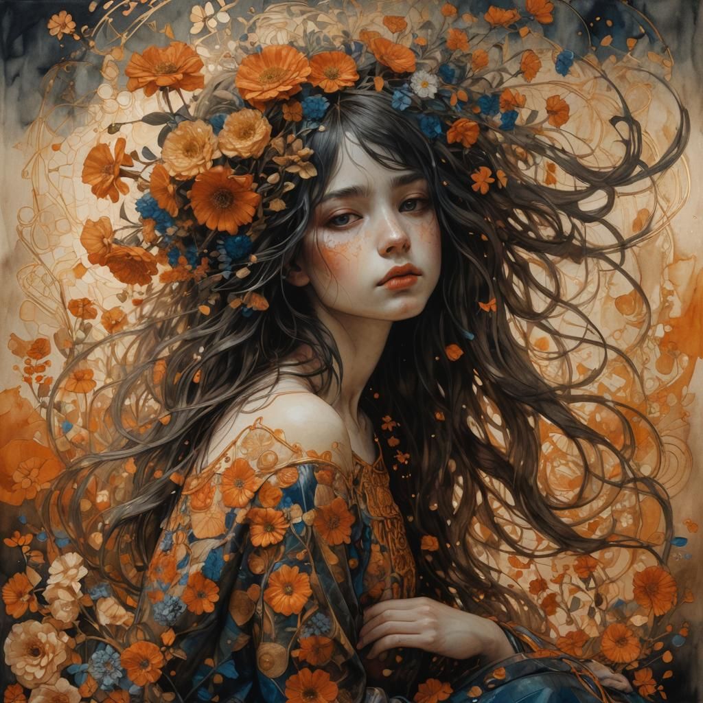 Girl in Golden Light: Klimt and Beksinski Inspired Art