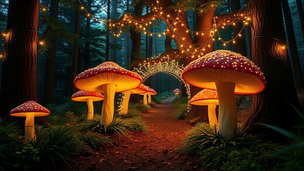 Whimsical Forest Scene with Glowing Mushrooms and Fairy Ligh...