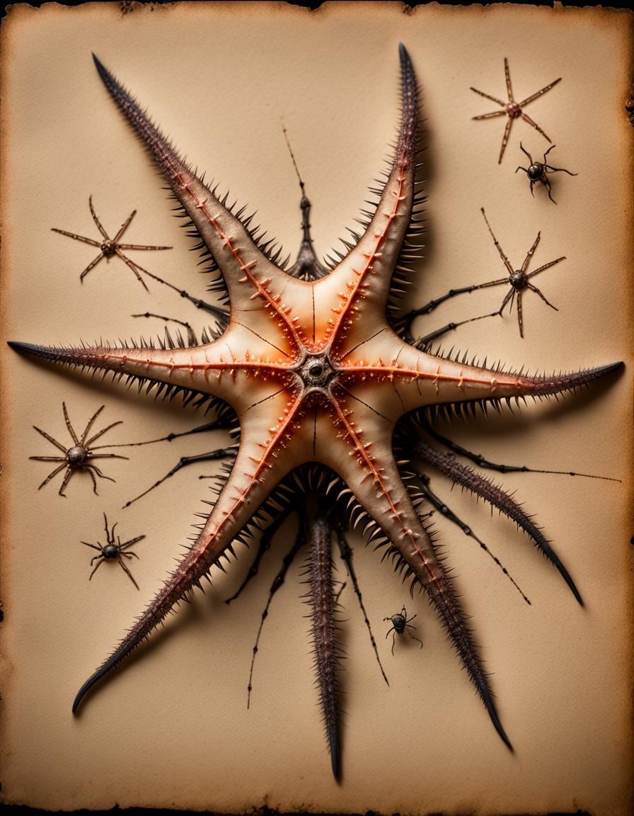 Anatomical Starfish Drawing on Burned Paper