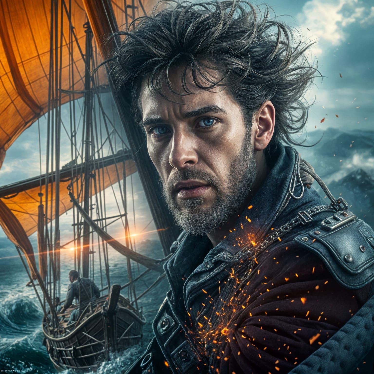 Sailing Ship in Turbulent Stormy Seas, Sailor Portrait