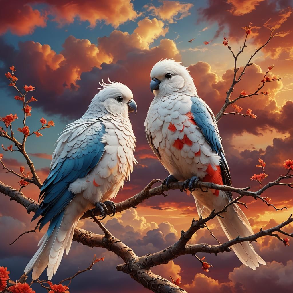 Lovebirds Embrace in Red Sky: Digital Matte Painting