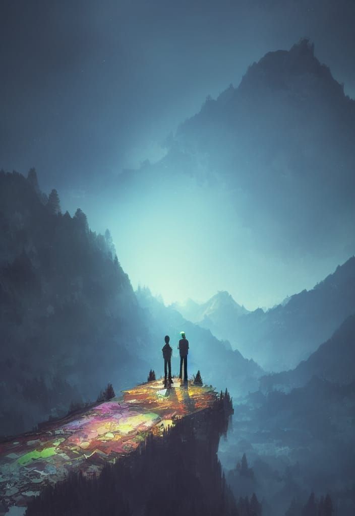 Epic Mountain Lake at Night, Digital Illustration