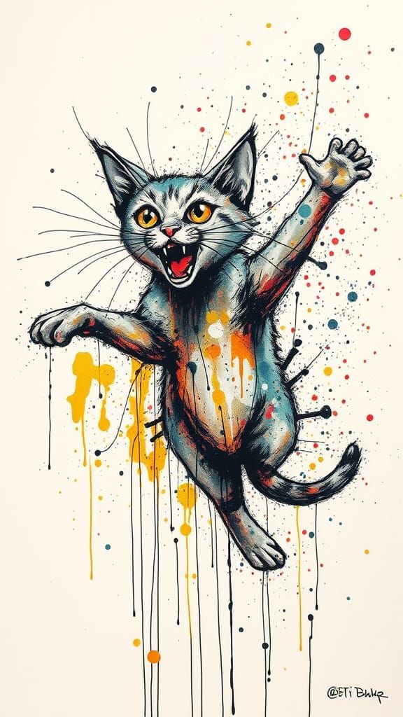 Glitchcore Cat Mid-Air in Chaotic Pixel Art Style