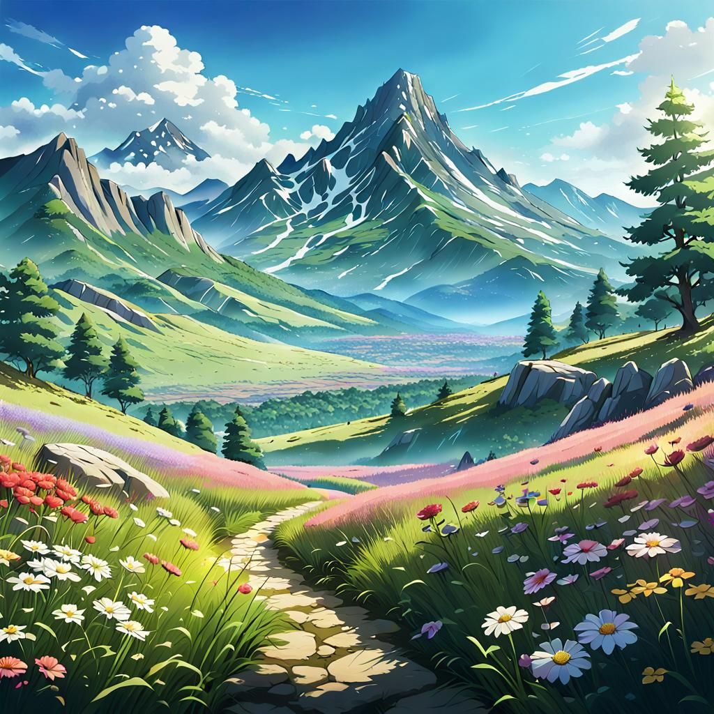 Anime Meadow with Mountain View