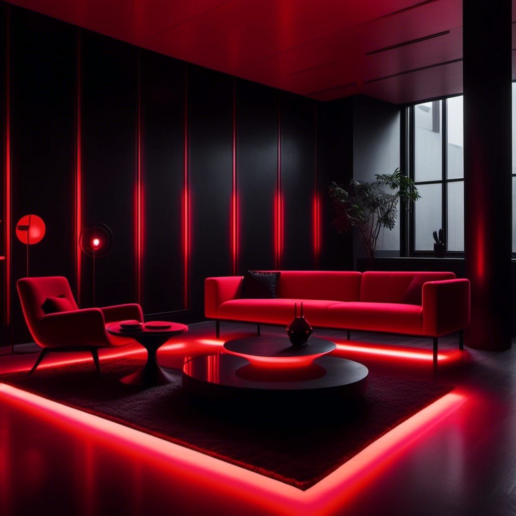 Brutalist Interior with Red Lighting and Dark Furniture
