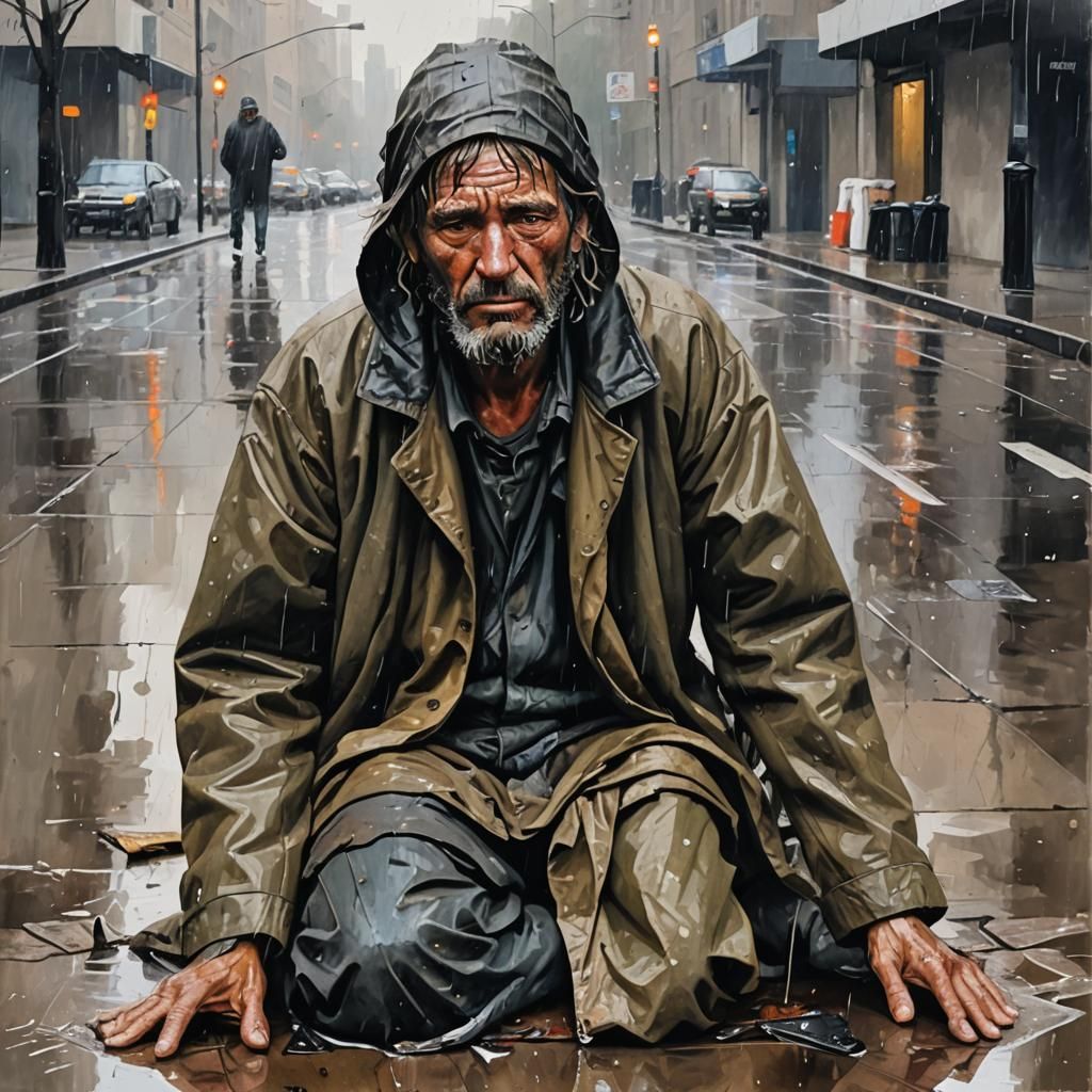 Melancholy Painting of a Homeless Man in Rain