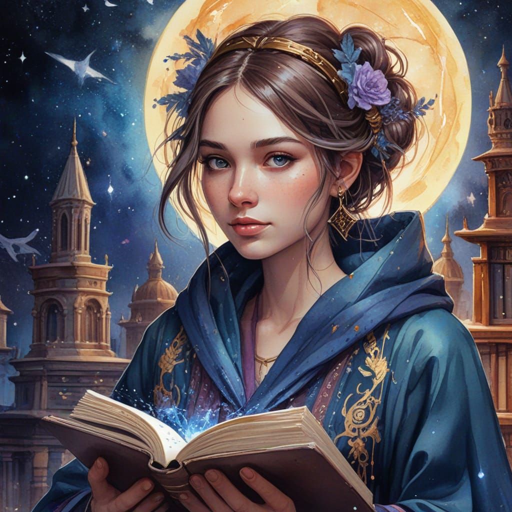 Celestial Librarian in Whimsical Watercolor Fantasy Art