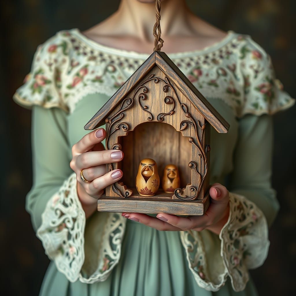Woman Holds Matryoshka Birdhouses in Surreal Style