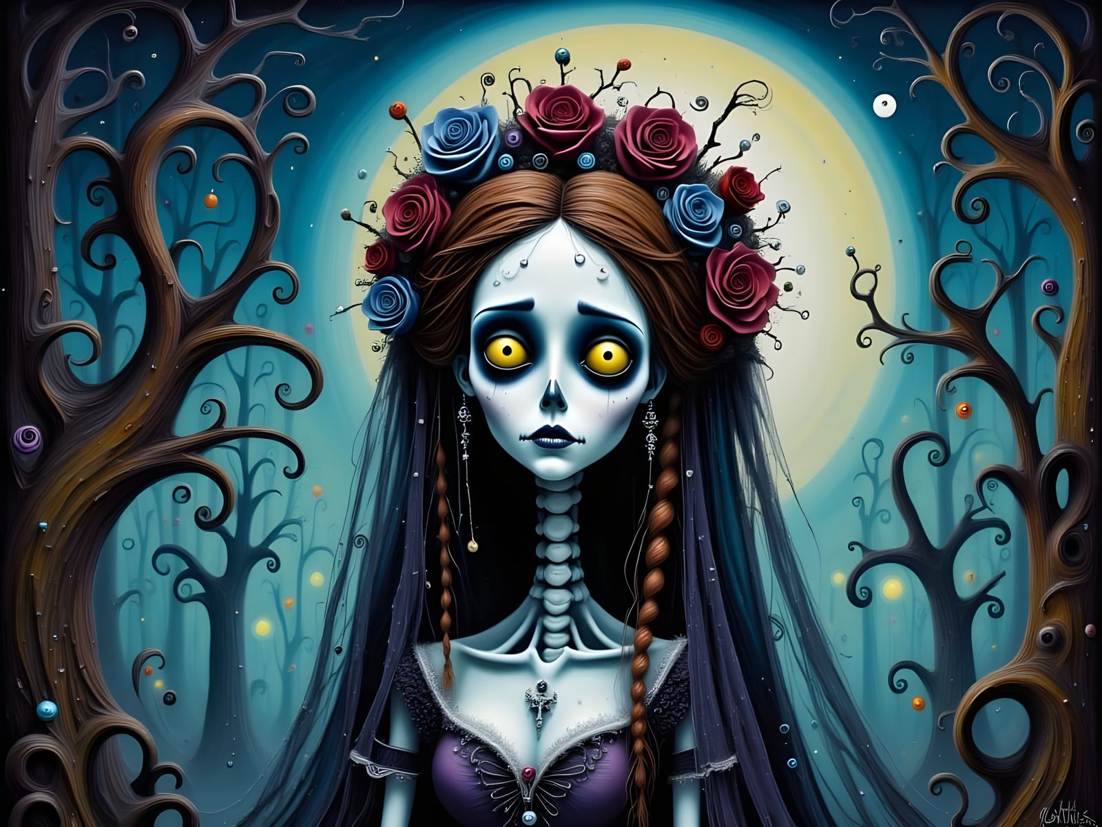 Mysterious Death Goddess in Whimsical Tim Burton Style