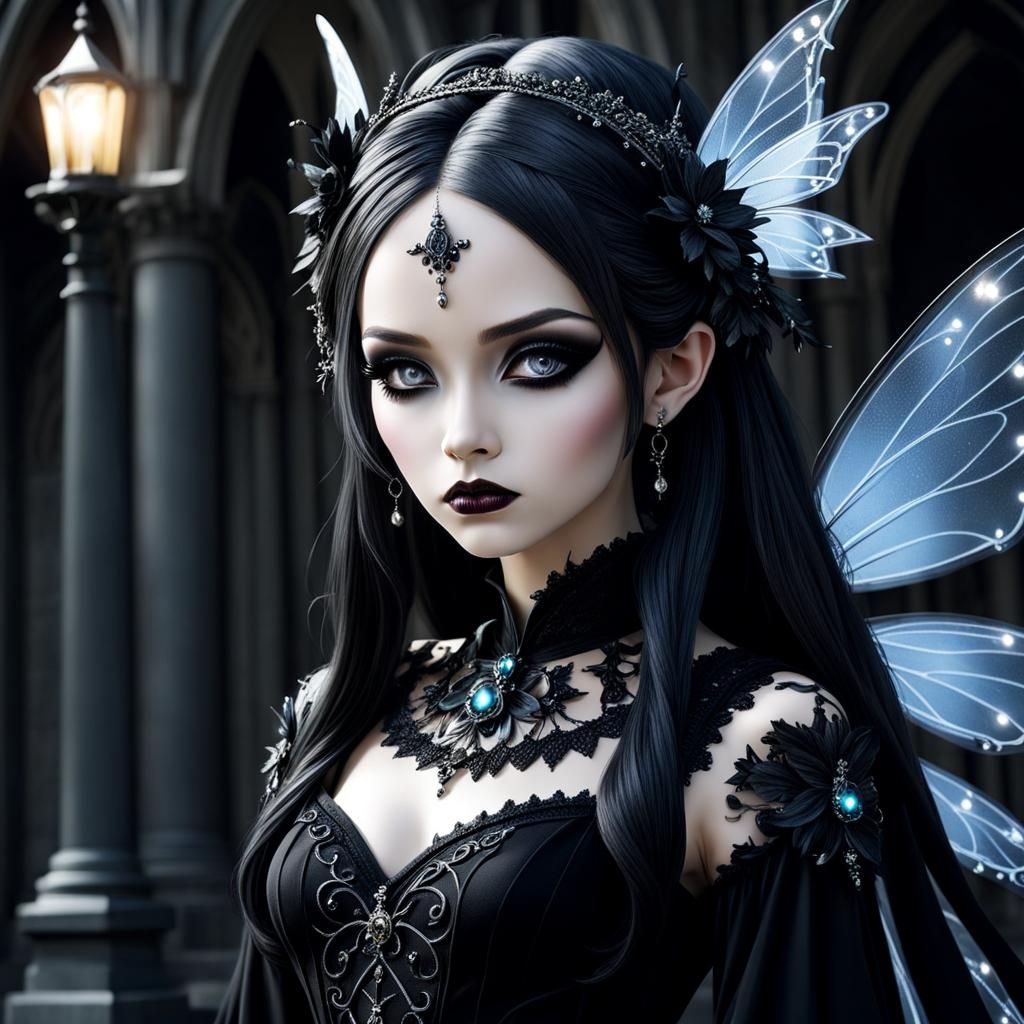 Detailed Gothic Fairy Portrait in Black Dress