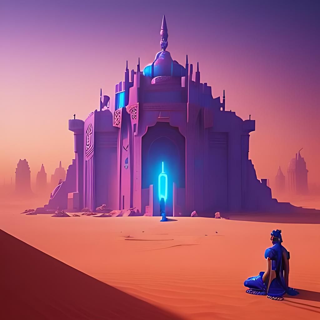 Cyberpunk Temple in Mystical Desert Concept Art