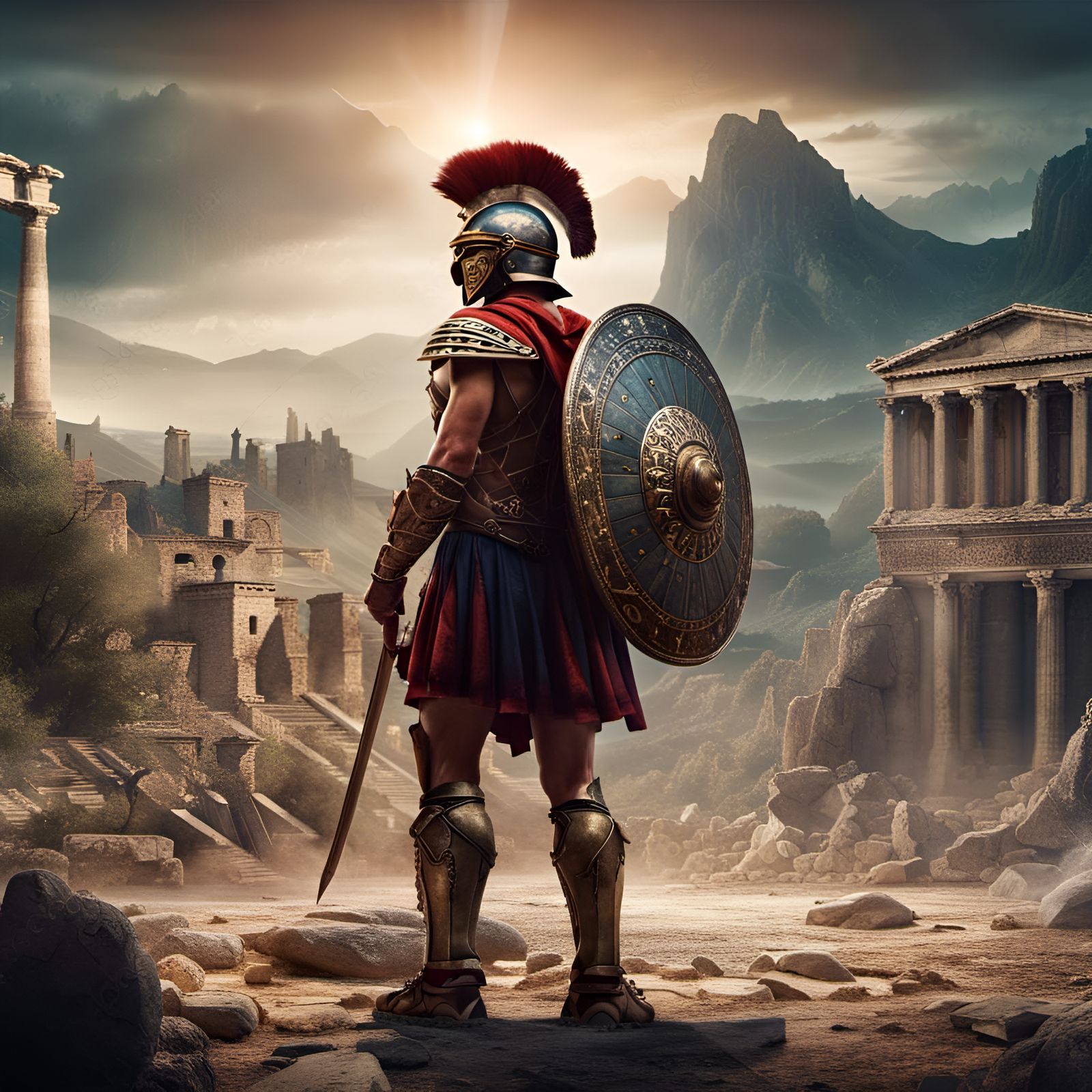 A Greek hoplite warrior standing between ancient roman ruins, mountains in the background dust flying around