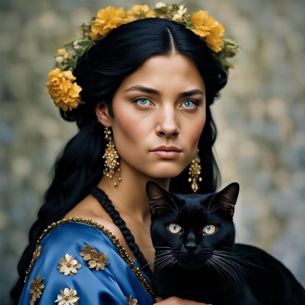 Brunhilde Portrait with Braids, Gown, and Black Cat